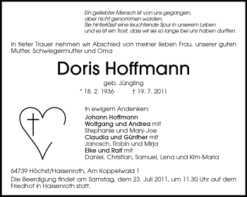 Traueranzeige von Doris Hoffmann von Odenwälder Echo