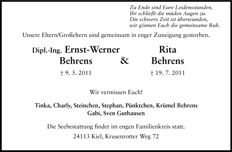  Traueranzeige für Ernst-Werner und Rita Behrens vom 23.07.2011 aus Echo-Zeitungen (Gesamtausgabe)