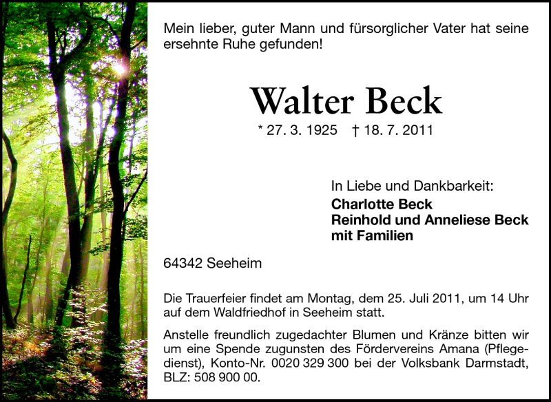  Traueranzeige für Walter Beck vom 22.07.2011 aus Echo-Zeitungen (Gesamtausgabe)