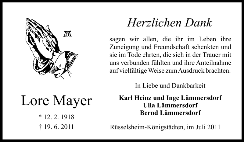  Traueranzeige für Lore Mayer vom 22.07.2011 aus Rüsselsheimer Echo, Groß-Gerauer-Echo, Ried Echo