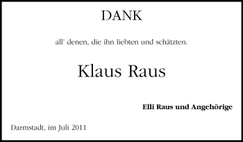 Traueranzeige von Klaus Raus von Darmstädter Echo, Odenwälder Echo, Rüsselsheimer Echo, Groß-Gerauer-Echo, Ried Echo