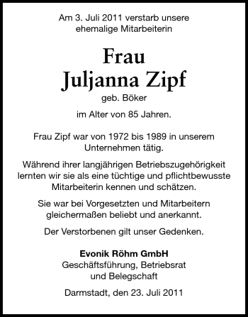 Traueranzeige von Juljanna Zipf von Echo-Zeitungen (Gesamtausgabe)