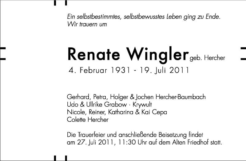  Traueranzeige für Renate Wingler vom 23.07.2011 aus Echo-Zeitungen (Gesamtausgabe)