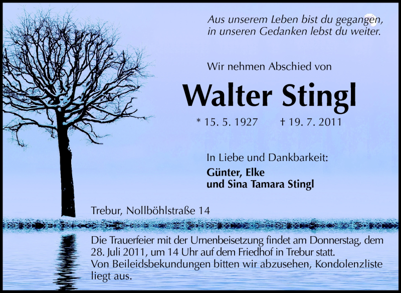  Traueranzeige für Walter Stingl vom 25.07.2011 aus Rüsselsheimer Echo, Groß-Gerauer-Echo, Ried Echo