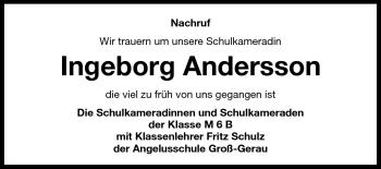 Traueranzeige von Ingeborg Andersson von Rüsselsheimer Echo, Groß-Gerauer-Echo, Ried Echo