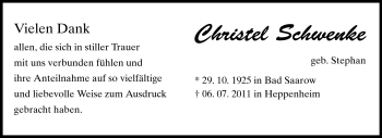 Traueranzeige von Christel Schwenke von Starkenburger Echo