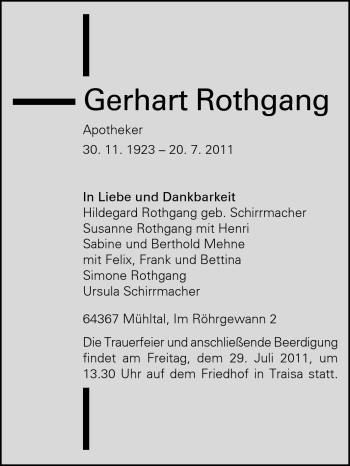 Traueranzeige von Rothgang Gerhart von Echo-Zeitungen (Gesamtausgabe)