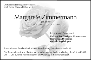 Traueranzeige von Margarete Zimmermann von Rüsselsheimer Echo, Groß-Gerauer-Echo, Ried Echo