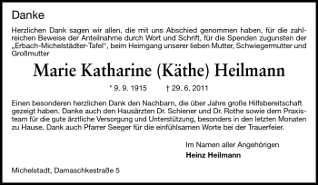 Traueranzeige von Marie Katharine Heilmann von Odenwälder Echo