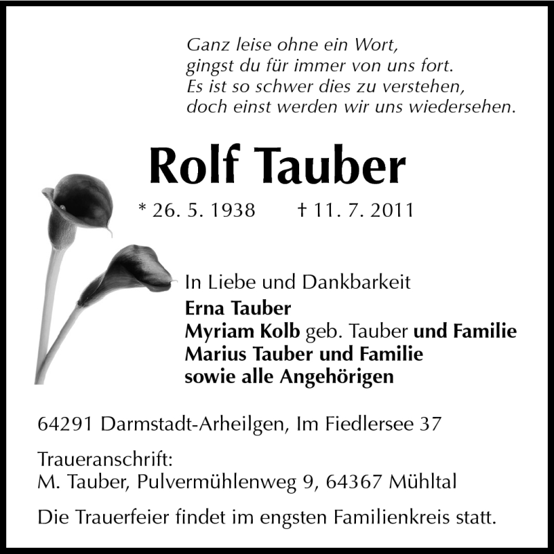  Traueranzeige für Rolf Tauber vom 23.07.2011 aus Echo-Zeitungen (Gesamtausgabe)