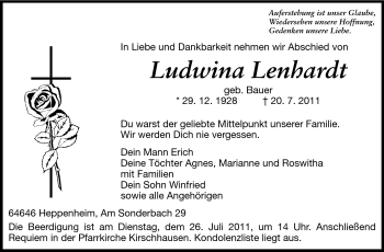 Traueranzeige von Ludwina Lenhardt von Starkenburger Echo