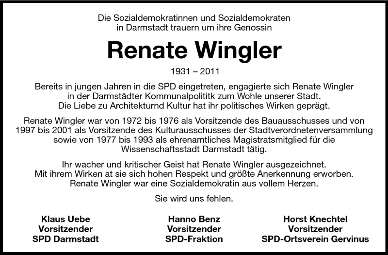 Traueranzeige für Renate Wingler vom 23.07.2011 aus Echo-Zeitungen (Gesamtausgabe)