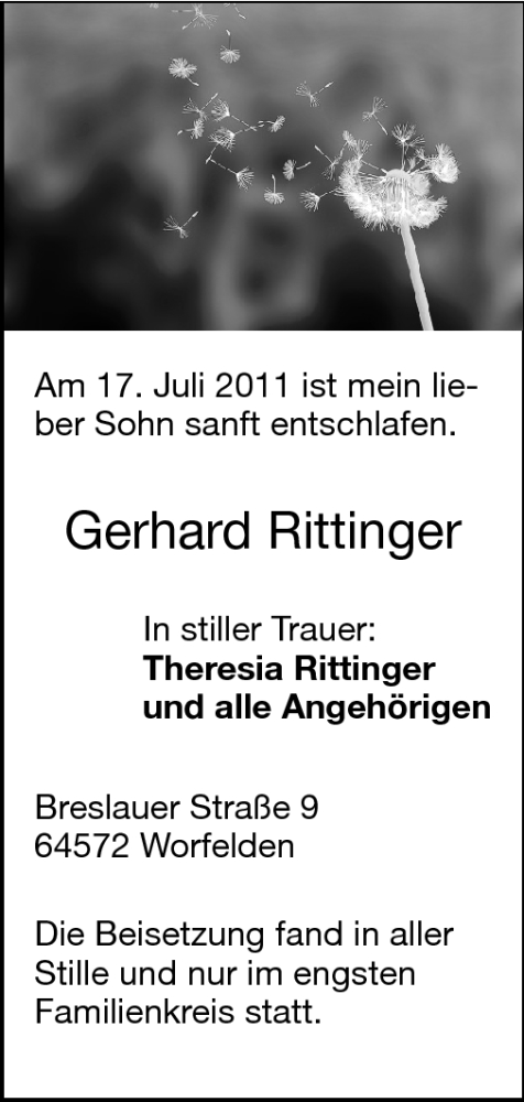  Traueranzeige für Gerhard Rittinger vom 27.07.2011 aus Echo-Zeitungen (Gesamtausgabe)