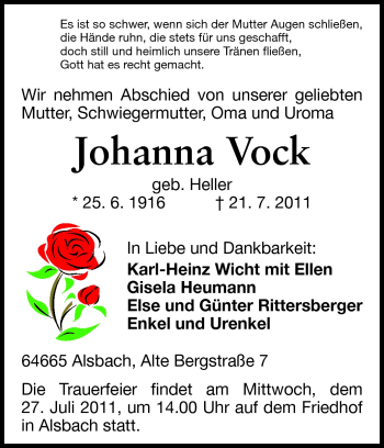 Traueranzeige von Johanna Vock von Echo-Zeitungen (Gesamtausgabe)