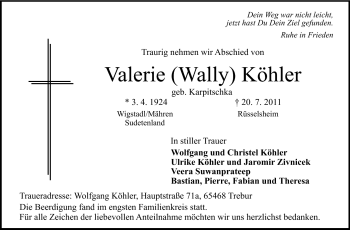 Traueranzeige von Valerie Köhler von Rüsselsheimer Echo, Groß-Gerauer-Echo, Ried Echo