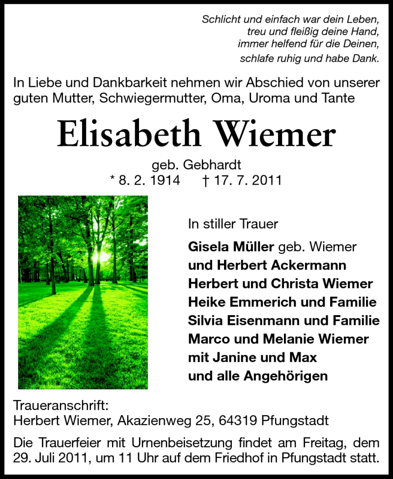  Traueranzeige für Elisabeth Wiemer vom 26.07.2011 aus Echo-Zeitungen (Gesamtausgabe)