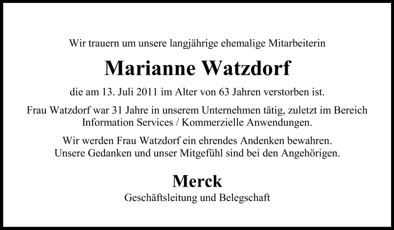  Traueranzeige für Marianne Watzdorf vom 26.07.2011 aus Echo-Zeitungen (Gesamtausgabe)