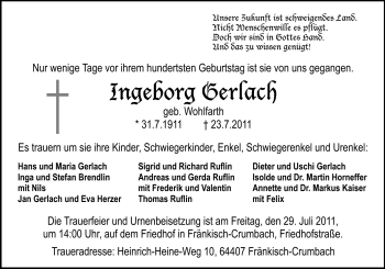 Traueranzeige von Ingeborg Gerlach von Odenwälder Echo