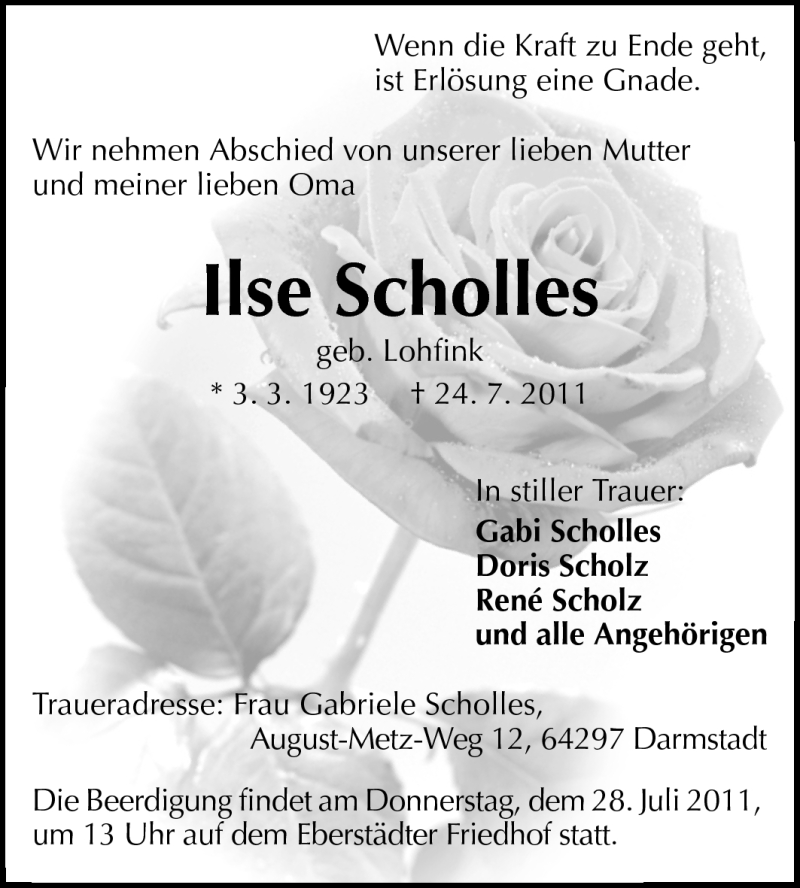  Traueranzeige für Ilse Scholles vom 26.07.2011 aus Echo-Zeitungen (Gesamtausgabe)