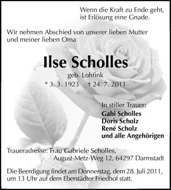 Traueranzeige von Ilse Scholles von Echo-Zeitungen (Gesamtausgabe)