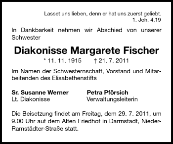 Traueranzeige von Margarete Fischer von Darmstädter Echo, Odenwälder Echo, Rüsselsheimer Echo, Groß-Gerauer-Echo, Ried Echo