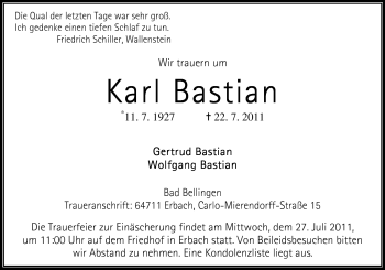 Traueranzeige von Karl Bastian von Odenwälder Echo