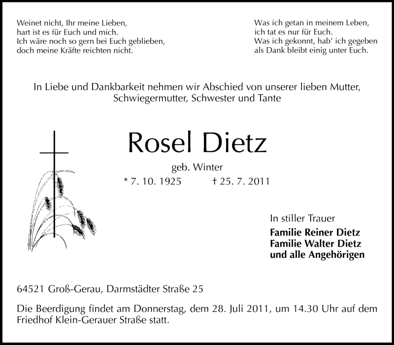  Traueranzeige für Rosel Dietz vom 27.07.2011 aus Rüsselsheimer Echo, Groß-Gerauer-Echo, Ried Echo
