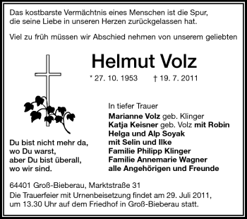 Traueranzeige von Helmut Volz von Darmstädter Echo, Odenwälder Echo, Rüsselsheimer Echo, Groß-Gerauer-Echo, Ried Echo