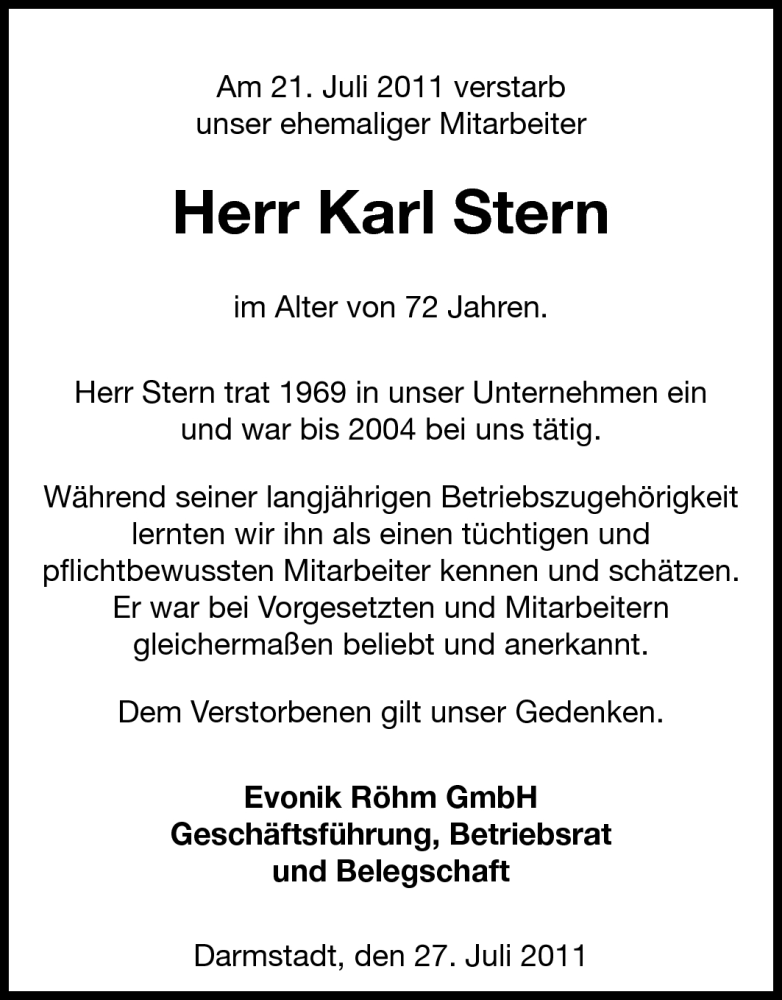  Traueranzeige für Karl Stern vom 27.07.2011 aus Echo-Zeitungen (Gesamtausgabe)