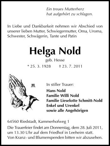 Traueranzeige von Helga Nold von Rüsselsheimer Echo, Groß-Gerauer-Echo, Ried Echo