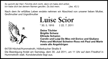 Traueranzeige von Luise Scior von Odenwälder Echo