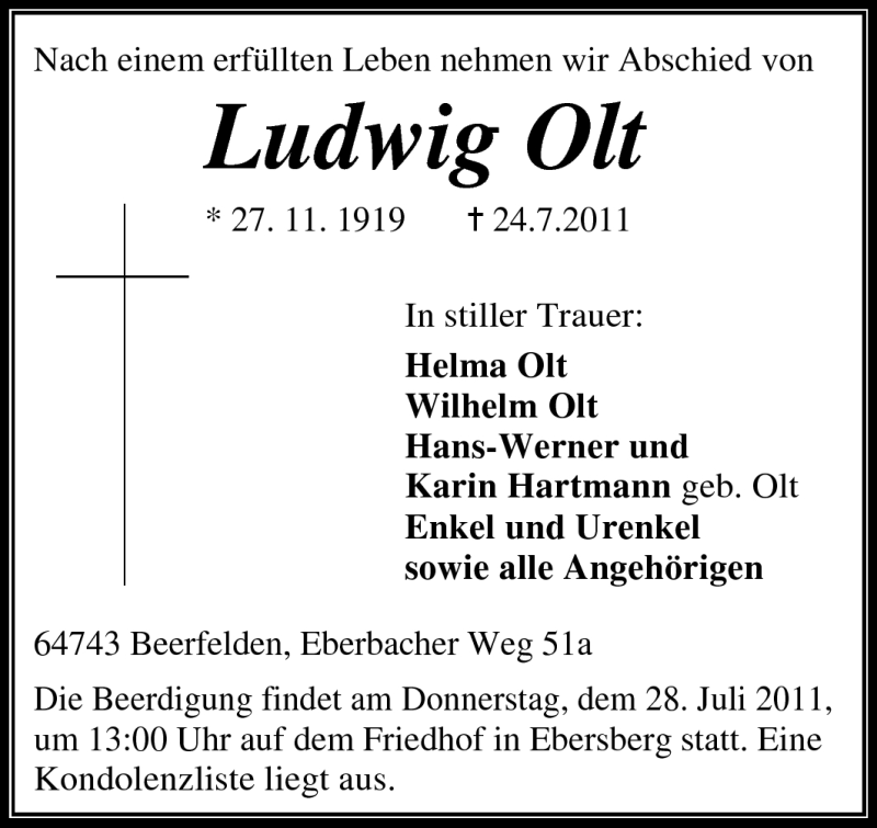  Traueranzeige für Ludwig Olt vom 27.07.2011 aus Odenwälder Echo