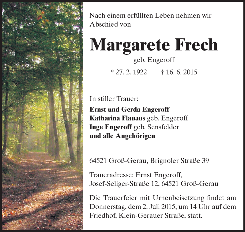  Traueranzeige für Margarete Frech vom 24.06.2015 aus Rüsselsheimer Echo, Groß-Gerauer-Echo, Ried Echo