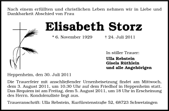 Traueranzeige von Elisabeth Storz von Starkenburger Echo