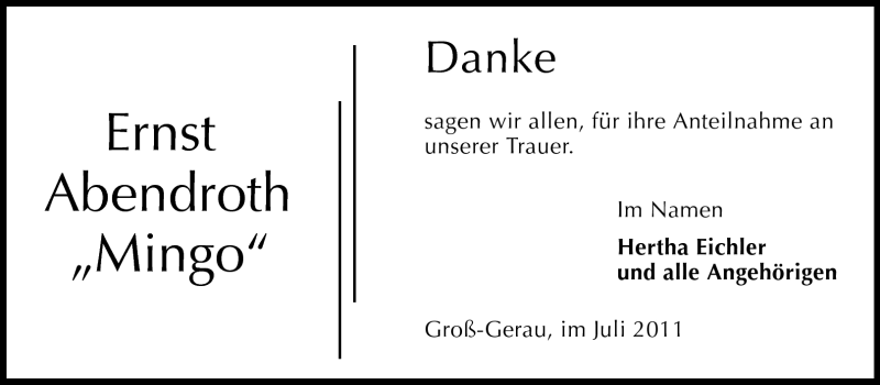  Traueranzeige für Ernst Abendroth vom 30.07.2011 aus Rüsselsheimer Echo, Groß-Gerauer-Echo, Ried Echo