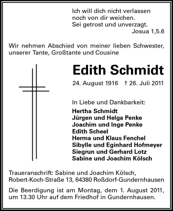 Traueranzeige von Edith Schmidt von Echo-Zeitungen (Gesamtausgabe)