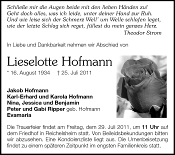 Traueranzeige von Lieselotte Hofmann von Echo-Zeitungen (Gesamtausgabe)