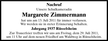 Traueranzeige von Margarete Zimmermann von Rüsselsheimer Echo, Groß-Gerauer-Echo, Ried Echo