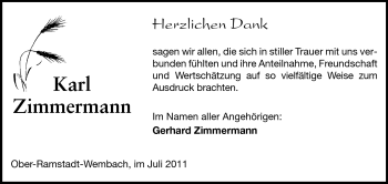 Traueranzeige von Karl Zimmermann von Darmstädter Echo, Odenwälder Echo, Rüsselsheimer Echo, Groß-Gerauer-Echo, Ried Echo