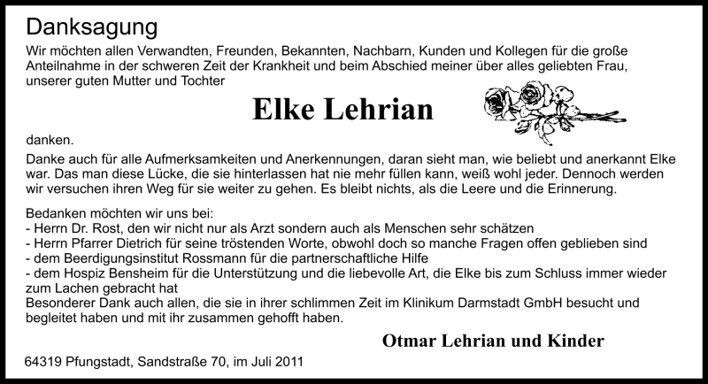  Traueranzeige für Elke Lehrian vom 30.07.2011 aus Echo-Zeitungen (Gesamtausgabe)