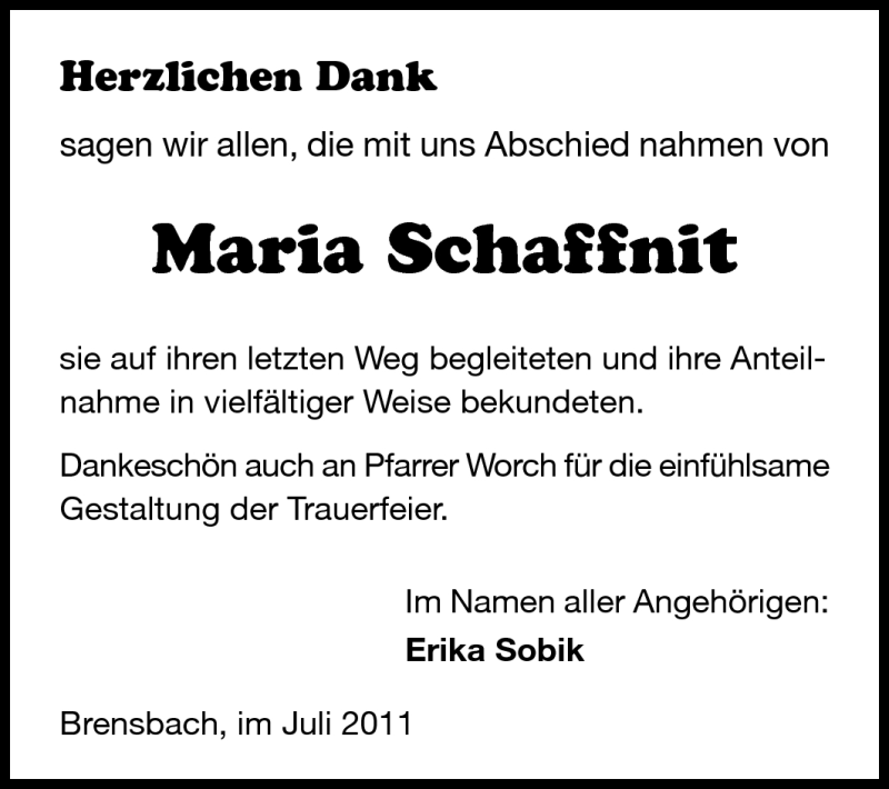  Traueranzeige für Maria Schaffnit vom 30.07.2011 aus Echo-Zeitungen (Gesamtausgabe)