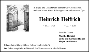 Traueranzeige von Heinrich Helfrich von Rüsselsheimer Echo, Groß-Gerauer-Echo, Ried Echo