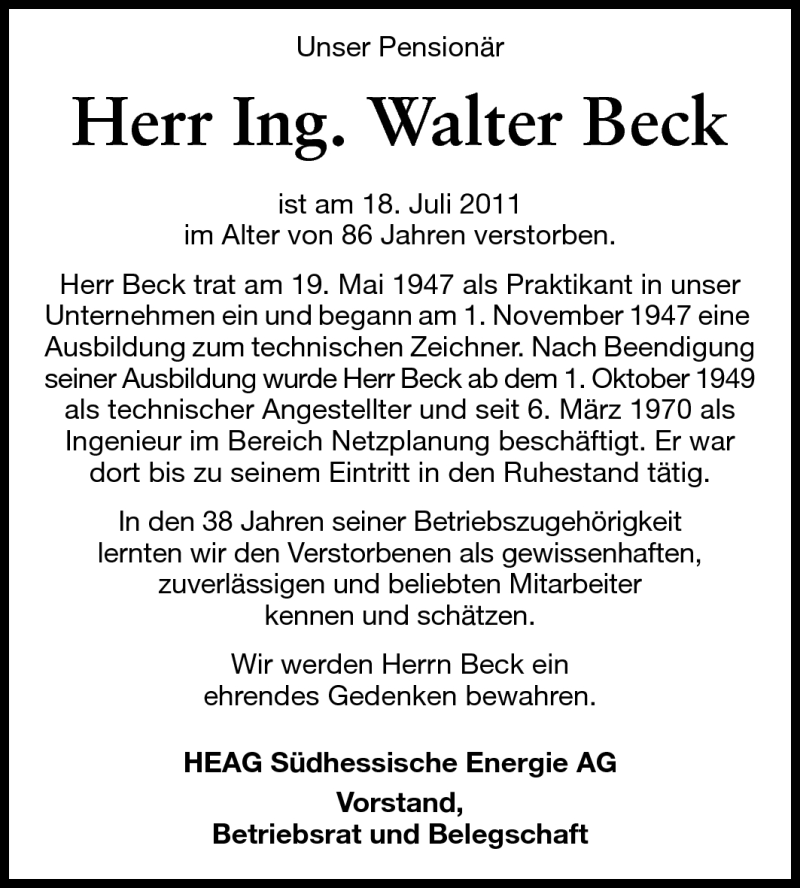  Traueranzeige für Walter Beck vom 28.07.2011 aus Echo-Zeitungen (Gesamtausgabe)