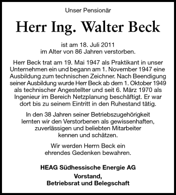 Traueranzeige von Walter Beck von Echo-Zeitungen (Gesamtausgabe)