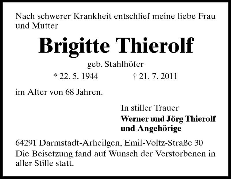  Traueranzeige für Brigitte Thierolf vom 30.07.2011 aus Echo-Zeitungen (Gesamtausgabe)
