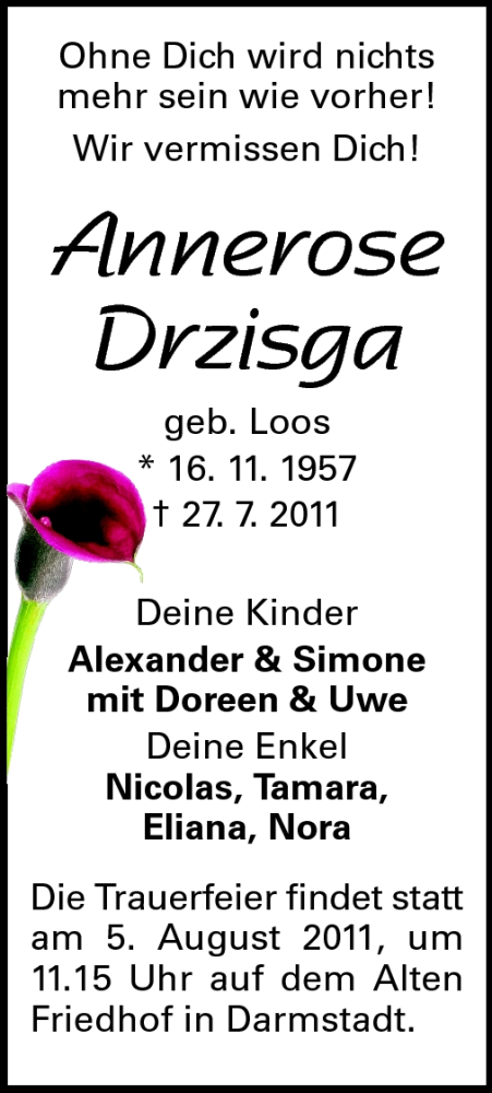  Traueranzeige für Annerose Drzisga vom 30.07.2011 aus Echo-Zeitungen (Gesamtausgabe)