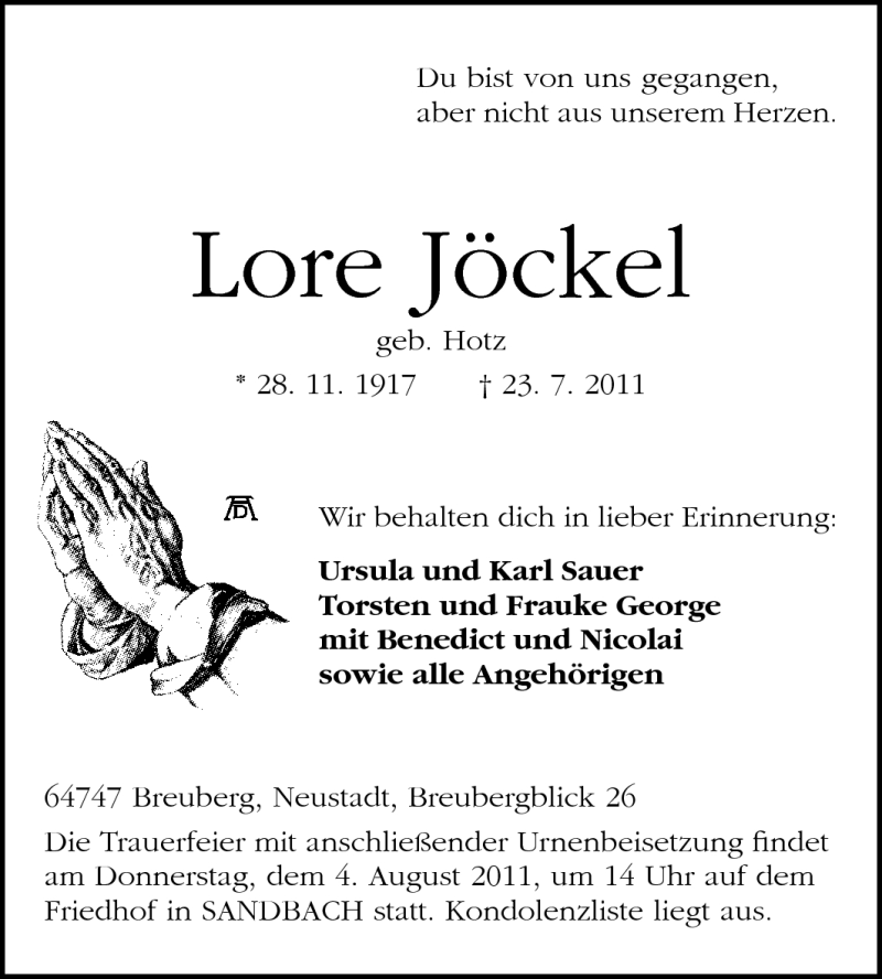  Traueranzeige für Lore Jöckel vom 02.08.2011 aus Odenwälder Echo