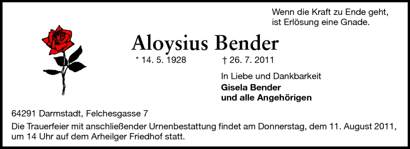  Traueranzeige für Aloysius Bender vom 30.07.2011 aus Echo-Zeitungen (Gesamtausgabe)