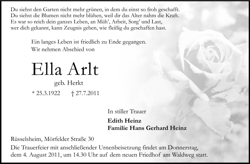  Traueranzeige für Ella Arlt vom 30.07.2011 aus Rüsselsheimer Echo, Groß-Gerauer-Echo, Ried Echo