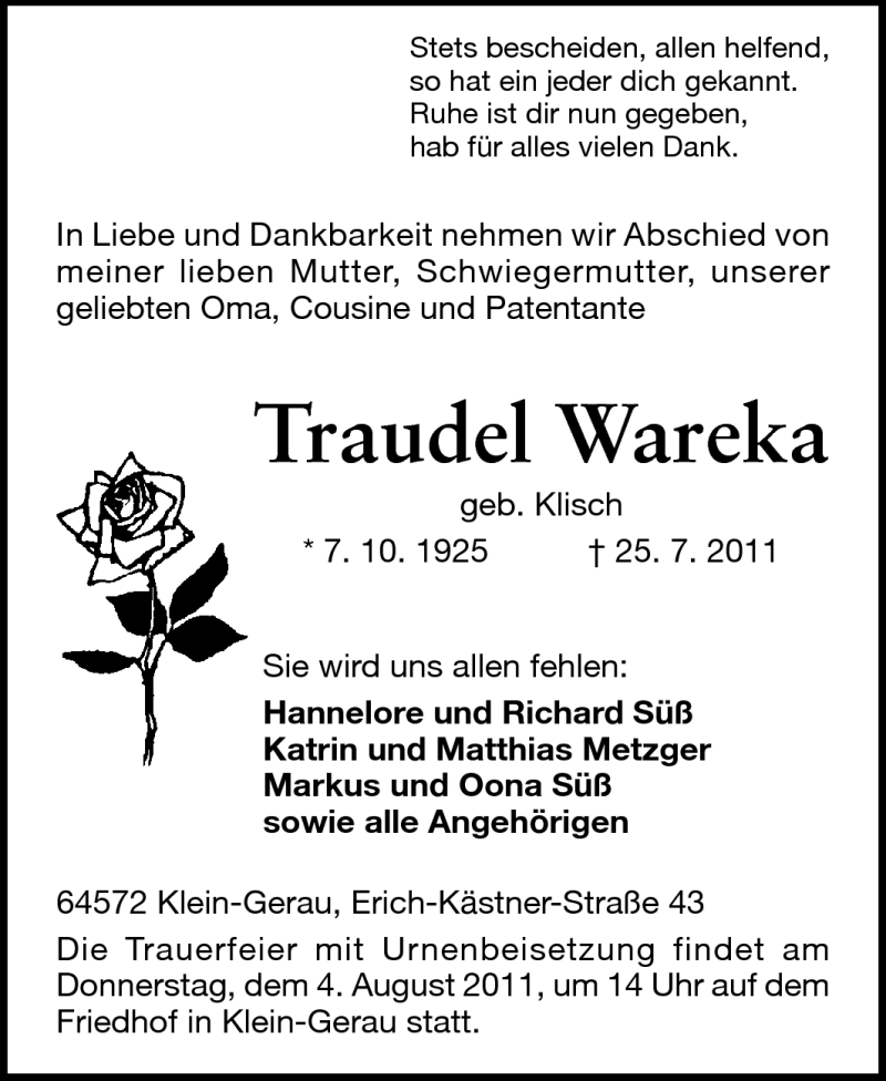  Traueranzeige für Traudl Wareka vom 30.07.2011 aus Rüsselsheimer Echo, Groß-Gerauer-Echo, Ried Echo